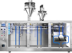 เครื่องบรรจุผงแบบอัตโนมัติสองหัวฉีด ความแม่นยำสูง ขับเคลื่อนด้วยมอเตอร์ PLC สำหรับบรรจุน้ำผลไม้ น้ำมัน ซองสำเร็จรูป ถุงเครื่องดื่ม และเครื่องสำอาง - Product Image 2