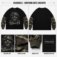 Sweat-shirt pour homme en coton lourd 100% avec imprimé graphique vintage de crâne, style streetwear Y2K, patchwork camouflage, manches à double couche