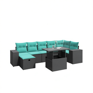 8 Piece Black Poly <b>Rattan</b> Garden <b>Sofa</b> Set With Cushions Outdoor Furniture Contemporary Style - Product Image 1