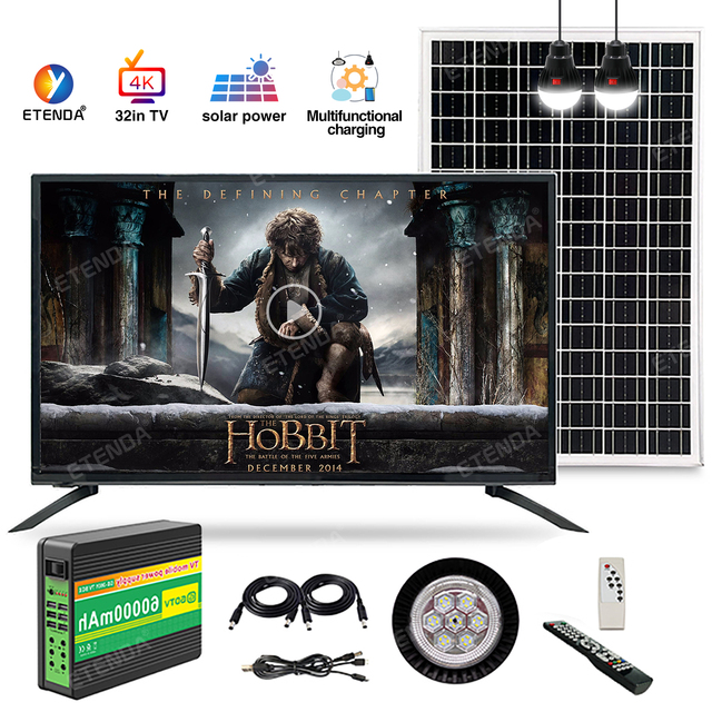 Off-Grid Solar TV with 32-Inch Screen, 12V 15Ah Battery, and LED Lighting Solutions