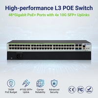 Switch Gigabit PoE+ de 48 Puertos, 760W de Alta Potencia, 4 Puertos SFP+ de 10G para Uplink, Switch Administrado de Capa 3 para Cámaras IP PTZ y Red Wi-Fi 6