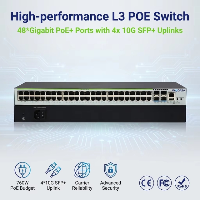 48 Port Gigabit PoE+ Switch 760W High Power 4 10G SFP+ Uplink Managed Layer 3 Switch for PTZ IP Camera and Wi-Fi 6 Network