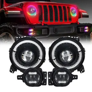 7 Inch RGB Halo LED Headlight and 4'' RGB Fog Lights Bluetooth APP Control Colors For Jeep Wrangler JL 2028-2023