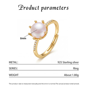 Gold Plated S925 <b>Silver</b> Pink Freshwater Pearl <b>Ring</b> CZ Accent <b>Adjustable</b> Jewelry for Women - Product Image 6
