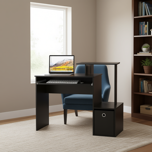 Bureau d'ordinateur avec plateau pour clavier extractible, design gain de place, bois MDF noir, mobilier de bureau à domicile - Product Image 2