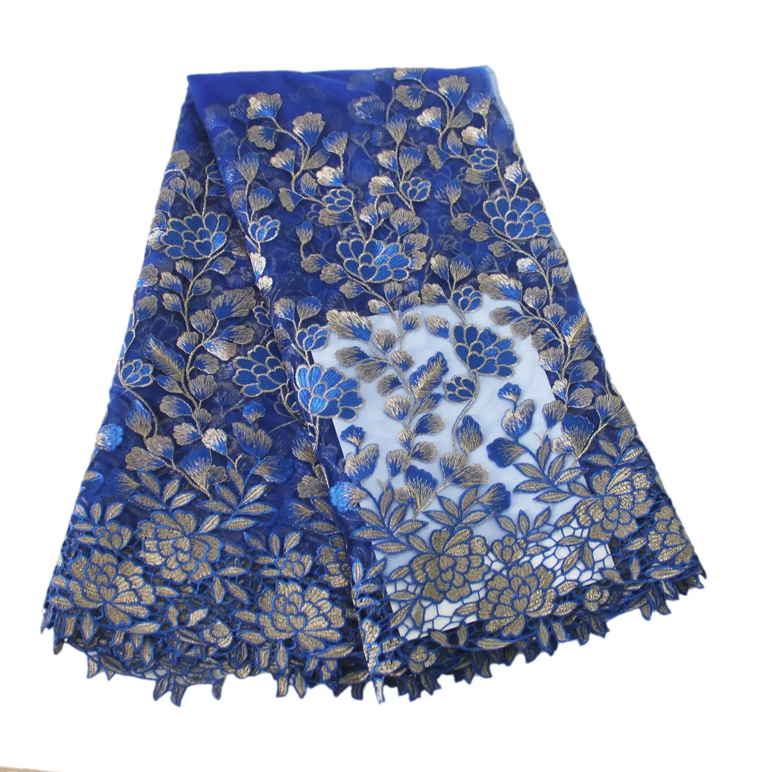 Wholesale trended 3D embroidered flower blue tulle embroidery lace fabric for dress