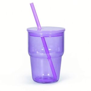 Gobelet à eau en verre double paroi rose dégradé avec couvercle et paille assortis, tasse de voyage portable en verre - Product Image 3