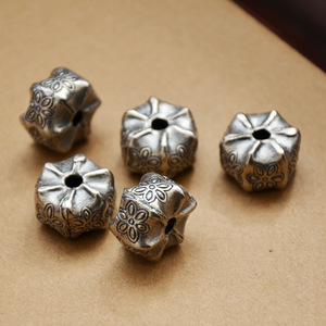 Hexagon Cut Silver <b>Spacer</b> Bead With Flower Pattern For Bracelet Making Jewelry Findings Z049 - Product Image 2