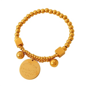 Bracelets en acier inoxydable personnalisés délicats, pendentif rond doré, chaîne à perles élastique - Product Image 1