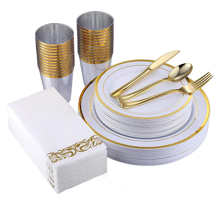 Disposable Dinnerware Set 175 Piece Gold luxury dinner plates sets dinnerware