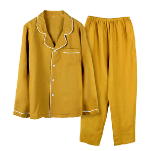 Women <b>Linen</b> Pajamas Set Solid Color Full Sleeve Button Front Loose Fit Autumn Casual Loungewear <b>Two</b> <b>Piece</b> Sleepwear - Product Image 1