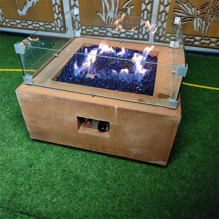 Gas Firepit meja persegi panjang, pemanas teras Gas tempat api tanpa asap baja Corten Gas luar ruangan lubang api propana
