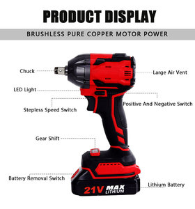 ชุดเครื่องมือไฟฟ้าไร้สายแบบมืออาชีพ 21V Brushless ประกอบด้วยประแจบล็อกไร้สายและสว่านไร้สายสำหรับระบบแบตเตอรี่ M18 พร้อมแบตเตอรี่ 2 ก้อน - Product Image 3