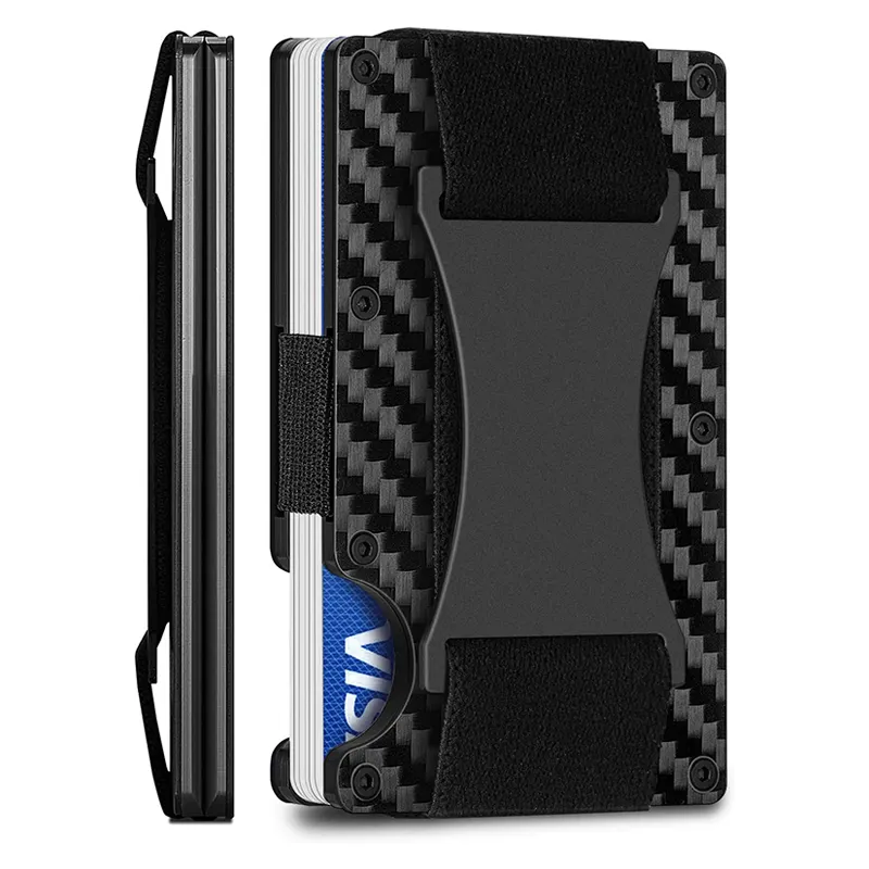 Dompet tempat kartu serat karbon pria, Ultra ramping minimalis pemegang kartu kredit aluminium dengan klip uang