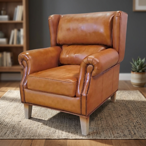 Traditional Luxury Highback <b>Armchair</b> Genuine Leather Soft Upholstery Metal/Wood Legs Comfortable Outdoor Apartment Portable - Product Image 3