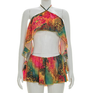 Colorful Print 2 Piece <b>Set</b> Woman Summer Trend Alter Backless Ruffles Camisole Tops and Elastic Waist Sorts Beac Style Suits - Product Image 5