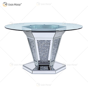 Luxury Wooden Glass Top Upscale Modern <strong>Round</strong> <strong>4</strong> Seater's Mirror Crystal Broken Diamond <strong>Dining</strong> <strong>Table</strong> <strong>Set</strong> - Product Image 4