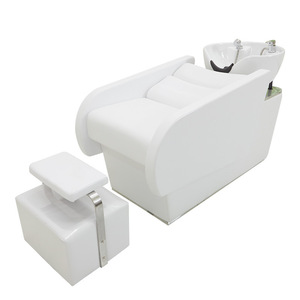 HICOMED <span class=keywords><strong>Fauteuil</strong></span> de lavage électronique pour salon de coiffure en cuir gris et coque blanche, lit de massage pour shampoing avec repose-pieds - Product Image 4