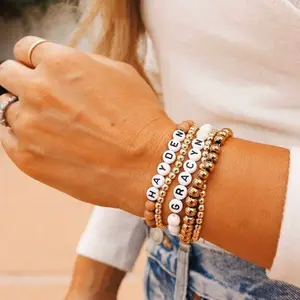 2023 New DIY Women Mom Words Name LOGO Bohemian Bracelet Handwoven Stretch Gemstone Wood Beaded Fine Jewelry Bracelets Bangles