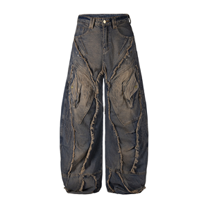 <span class=keywords><strong>Jeans</strong></span> Masculinos de Alta Qualidade, Estilo Industrial Escuro, com Retalhos Estruturais, Perna Larga, Corte Solto, Desfiado e com Borlas, Lavado, de Designer Personalizado - Product Image 4
