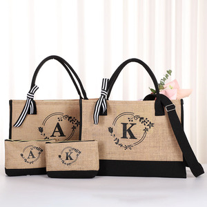 Qetesh <strong>Wholesale</strong> <strong>Jute</strong> <strong>Tote</strong> <strong>Bag</strong> Custom Logo Fashion Large Capacity Portable Outdoor Design Shopping <strong>Bag</strong> Set for Women - Product Image 1
