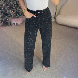Wholesale 2026 High Waist Diamond Studded Jeans Women Slimming Bleach Washed Straight Leg Solid Summer Casual <strong>DenimPants</strong> Elegant - Product Image 1