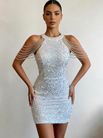 Robe moulante personnalisée en satin et sequins pour femme, longueur cheville, élégante et scintillante, idéale pour soirée, club, bal de promo ou cocktail