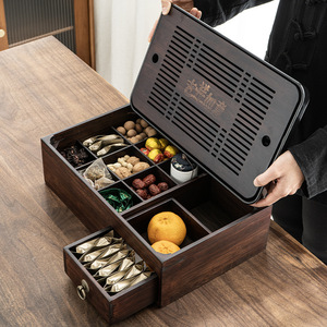 Rectangular Tea Tray <b>Storage</b> <b>Box</b> With <b>Drawer</b> Multi Compartment For Home Kung Fu Tea Set Organization - Product Image 1