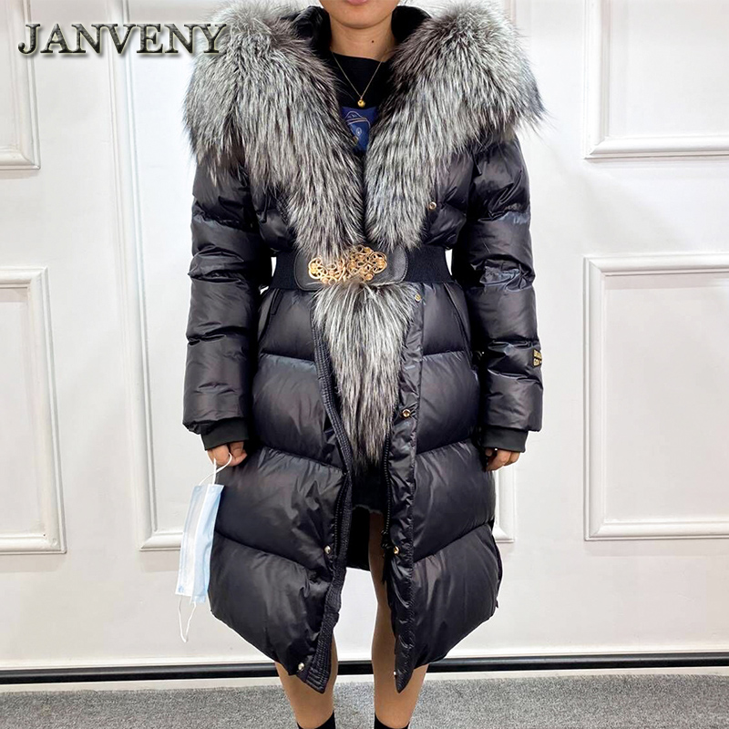 JANVENY 2023 Novo Inverno Grande Real Sliver Fox Fur Collar Longo Puffer Jacket Mulheres Com Capuz Com Cintos 90% Para Baixo Casaco À Prova D' Água Parkas