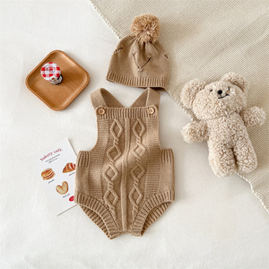 Çapraz sınır bebek örgü tulum ile kayış yelek bahar sonbahar pamuk şapka seti erkek kız katı desen Snap düğmesi kapatma - Product Image 5