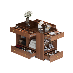 Wholesale Closet Island with 6 Drawers, <b>Walnut</b> Bedroom Wardrobe Armoire with Glass Top & Open <b>Shelves</b> for Jewelry Storage - Product Image 1
