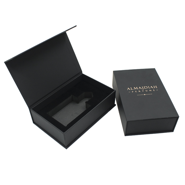 Custom Luxury Book Shaped Rigid Paper Perfume Bottle Boxes Black Magnetic Gift Packaging Box with EVA Foam Insert