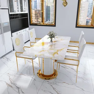 Furnitur Italia warna emas flash modern putih, set meja makan 4 kursi, meja makan batu sintered mewah