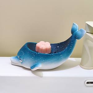 Jabonera de Cerámica con Diseño de Delfín Estrellado y Drenaje - Decoración de Baño con Temática Oceánica Cósmica y Porta Jabón - Product Image 5
