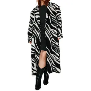 High Quality Women Luxury Oversized Winter Windproof Wool Coats Printing Zebra-Stripe Notched Collar Button Longline Trench Coat