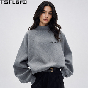 Sudadera personalizada de cuello simulado y manga raglán para mujer, gris jaspeado, de forro polar oversize con manga voluminosa, venta al por mayor - Product Image 1
