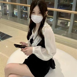 Peter Pan Collar Long Sleeve Dress Black A-Line Solid Color Splicing Natural Waistline Career Dress - Product Image 4