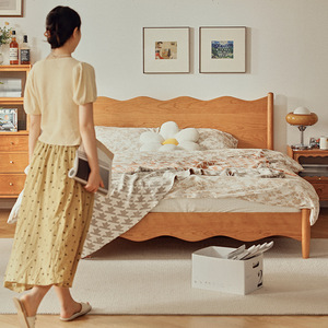 Yangge Nordic Solid Wood <b>Bed</b> Cherry Wood 1.8M <b>Double</b> <b>Platform</b> <b>Bed</b> Japanese Style Wave Pattern Simple Design - Product Image 2