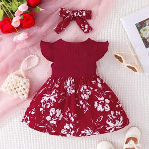 Little Girl Princess Sweet Bow Fly Sleeve Baby Cute <b>Patchwork</b> Two-piece Dress + Headscarf Set Breathable Daily Wear - Product Image 3