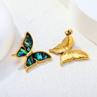 Boucles d'oreilles tendance en coquille d'ormeau bleue, acier inoxydable plaqué or 18 carats, motif papillon