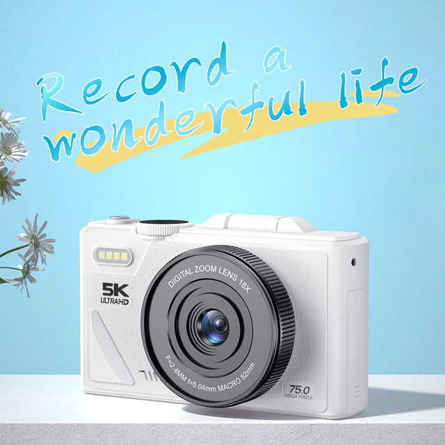 3-inch HD 5K Portable Digital Camera with FA Sensor and 80MP Resolution 18x Optical Zoom.