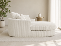 Fauteuil moelleux surdimensionné en velours côtelé blanc crème, style moderne pour salon, avec 3 coussins décoratifs