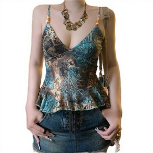 Retro Ethnic Print Breathable Short CAMIS Hemline-Type Sling Elegant Slightly Mature-Style V-neck Waist-Controlled Slimming Hot - Product Image 2