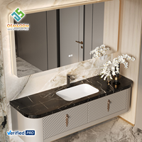Meuble de salle de bain mural en bois massif de style français moderne OEM, coiffeuse avec miroir LED cuivre et argent, bar domestique écologique