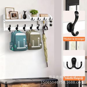 Wooden <b>Wall</b> <b>Mounted</b> <b>Shelf</b> With Hooks 2 Tier Solid Wood Storage Rack For Coat Key Hat Bedroom Entryway Organization - Product Image 2