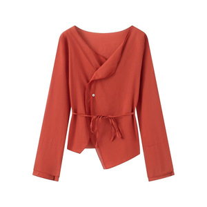 Blus Wanita Gaya Eropa dengan Ikat Pinggang, Kemeja Desainer V-Neck dengan Potongan Asimetris, Atasan Kasual Elegan untuk Wanita, Model Slim <span class=keywords><strong>Fit</strong></span> - Product Image 5