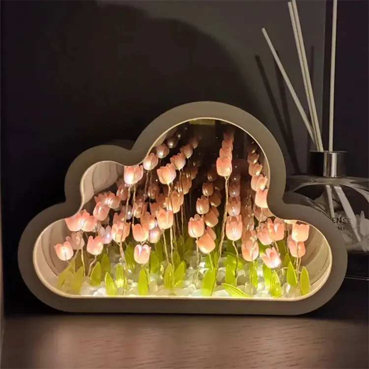 발렌타인 수제 DIY LED 구름 모양 튤립 거울 핫 세일 빛나는 튤립 램프 침실 침대 옆 장식 친구 선물