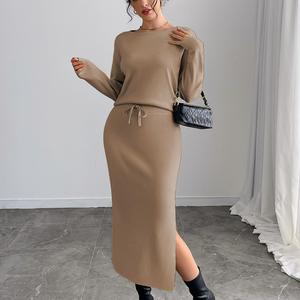 Conjunto de punto coordinado para mujer, 100% algodón, cuello barco, abertura lateral, ajustado, para todas las estaciones - Product Image 1