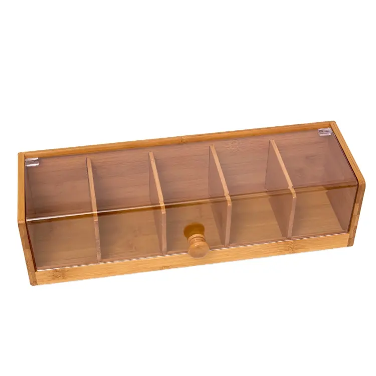 Bamboo Tea Box with 5 Compartments Bag Caddy Wooden tea box with Acrylic Cover Closable Lid