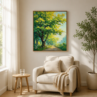 Peinture abstraite de paysage de sentier forestier ensoleillé, art mural, paysage d'arbres verts, impression numérique, toile 6 couleurs, imperméable, respectueux de l'environnement